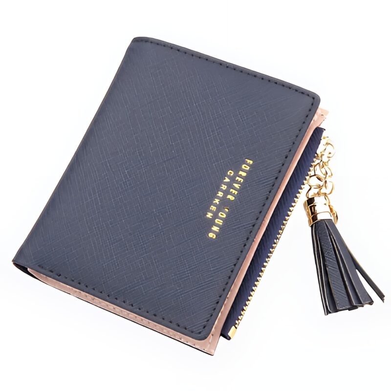 Portefeuille zippé compact en simili cuir avec pompon - Élégance quotidienne aux multiples rangements - Noir