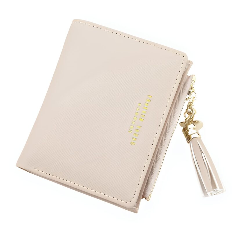 Portefeuille zippé compact en simili cuir avec pompon - Élégance quotidienne aux multiples rangements - Rose saumoné