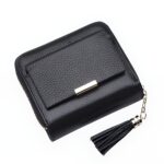 Portefeuille femme en cuir grainé avec pendentif - Écrin élégant pour cartes et monnaie - Noir