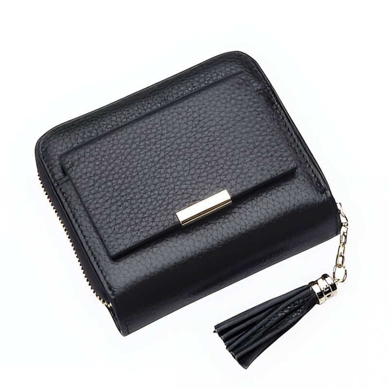 Portefeuille femme en cuir grainé avec pendentif - Écrin élégant pour cartes et monnaie - Noir