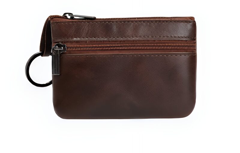 Porte-monnaie compact en cuir - Mini pochette zippée avec anneau porte-clés - café