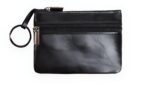 Porte-monnaie compact en cuir - Mini pochette zippée avec anneau porte-clés - Noir