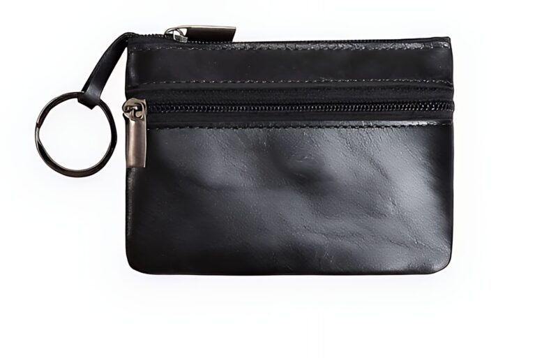 Porte-monnaie compact en cuir - Mini pochette zippée avec anneau porte-clés - Noir