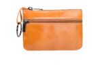 Porte-monnaie compact en cuir - Mini pochette zippée avec anneau porte-clés - Camel