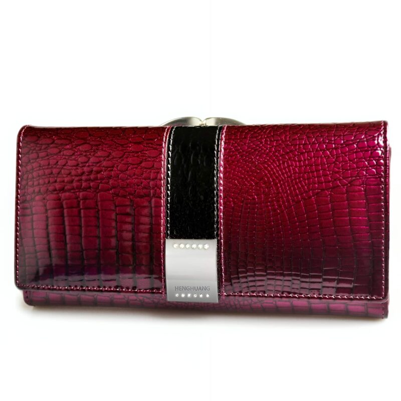 Portefeuille luxe cuir véritable effet crocodile - Organisateur complet avec 8 emplacements cartes - Rouge vin