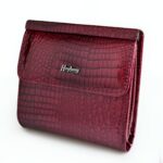 Portefeuille compact en cuir effet crocodile - Élégance fonctionnelle à bouton pression - Rouge vin