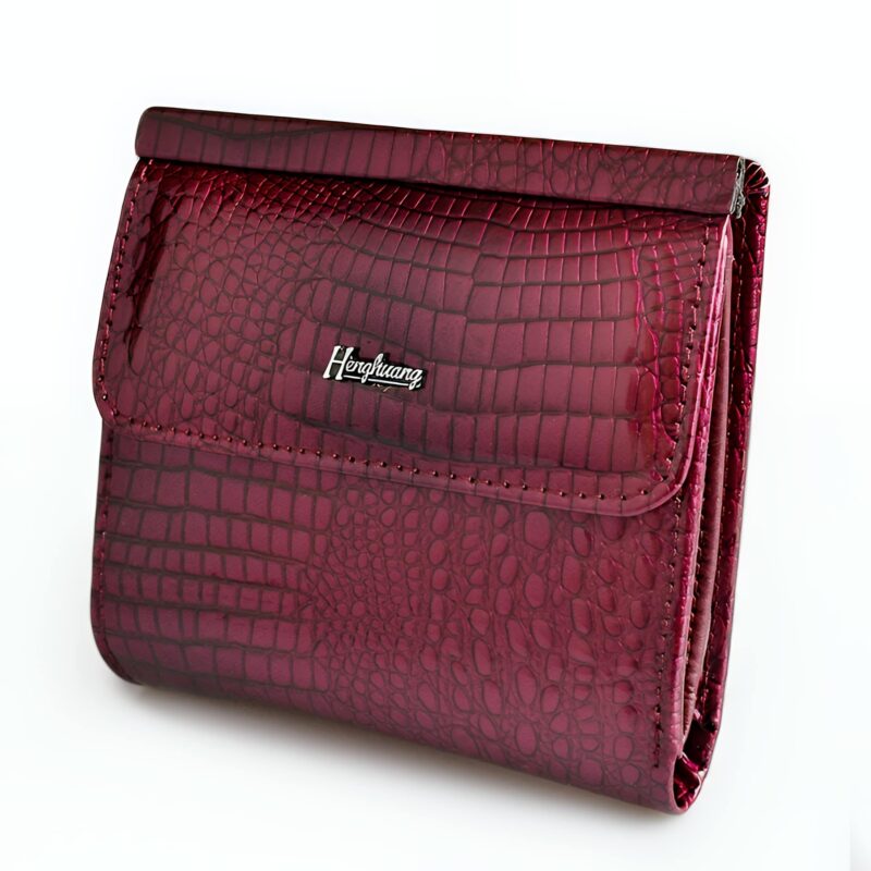 Portefeuille compact en cuir effet crocodile - Élégance fonctionnelle à bouton pression - Rouge vin