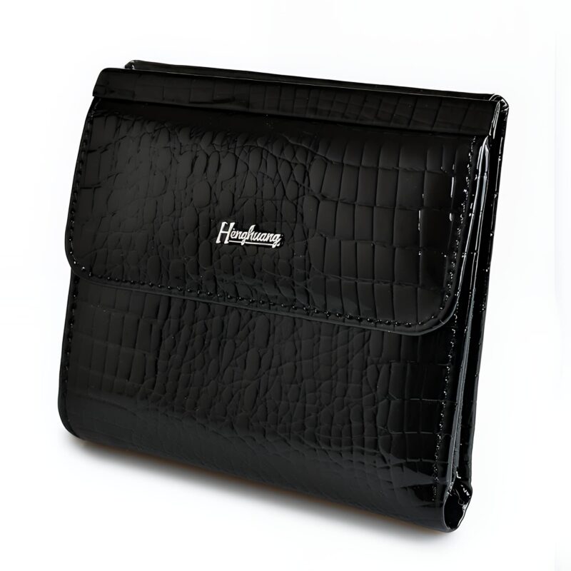 Portefeuille compact en cuir effet crocodile - Élégance fonctionnelle à bouton pression - Noir