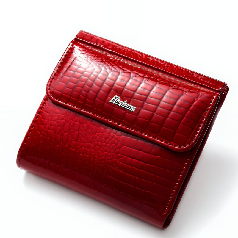 Portefeuille compact en cuir effet crocodile - Élégance fonctionnelle à bouton pression - Rouge