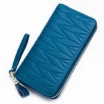 Portefeuille long gravé en cuir véritable - Élégance féminine multi-rangements - bleu vert