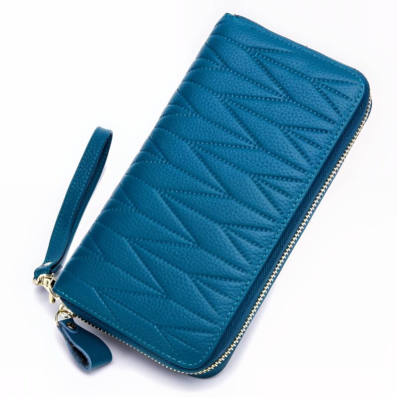 Portefeuille long gravé en cuir véritable - Élégance féminine multi-rangements - bleu vert