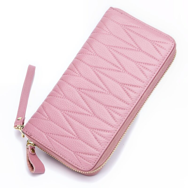Portefeuille long gravé en cuir véritable - Élégance féminine multi-rangements - Rose