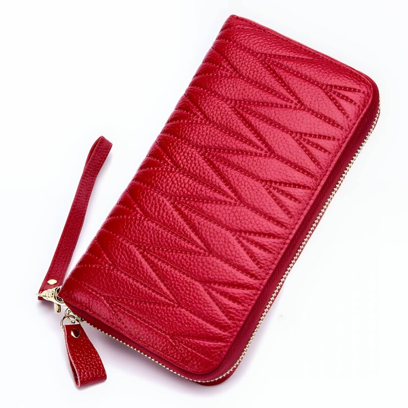 Portefeuille long gravé en cuir véritable - Élégance féminine multi-rangements - Rouge