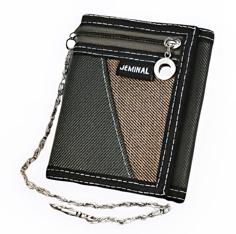 Portefeuille homme en tissu urbain avec chaîne - Rangements multiples et design stylé - Vert