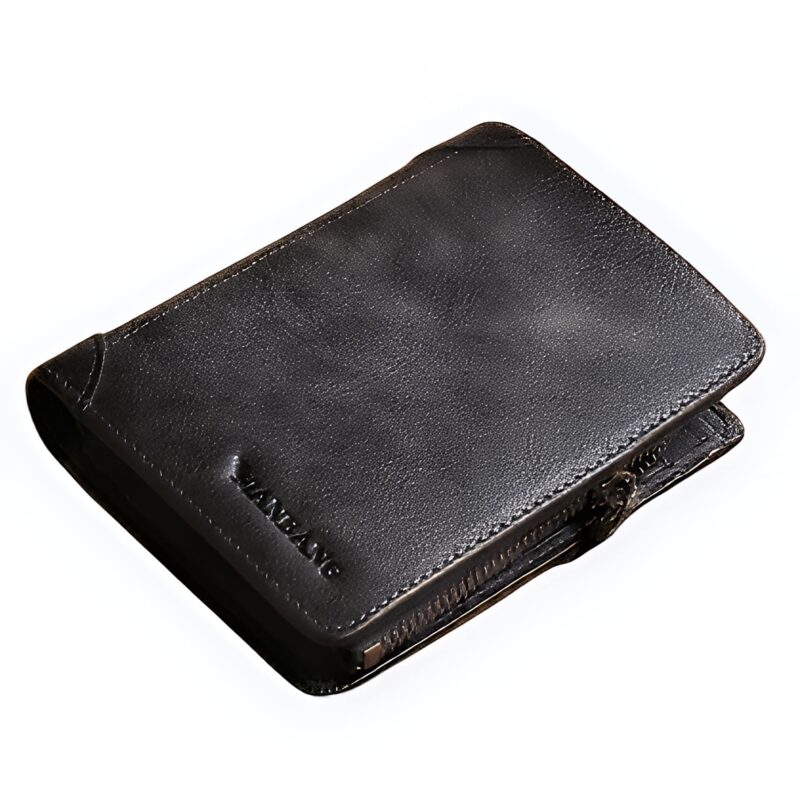 Portefeuille homme cuir vintage à trois volets - Élégance patinée pour l'essentiel - Noir zippé