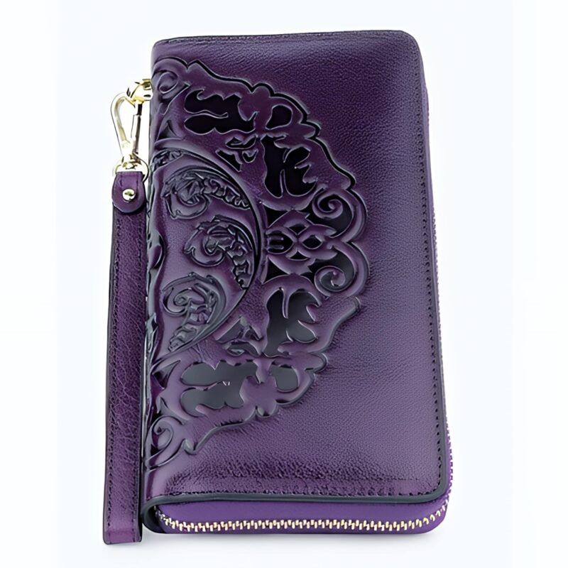 Portefeuille Asia en cuir véritable gaufré - Élégance florale et praticité nomade - Violet