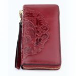 Portefeuille Asia en cuir véritable gaufré - Élégance florale et praticité nomade - Rouge