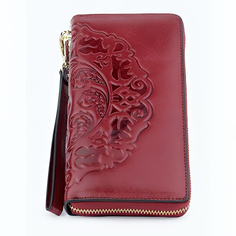 Portefeuille Asia en cuir véritable gaufré - Élégance florale et praticité nomade - Rouge