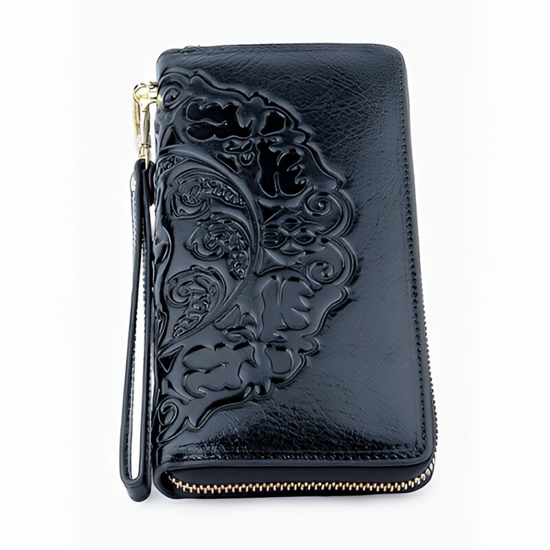 Portefeuille Asia en cuir véritable gaufré - Élégance florale et praticité nomade - Noir