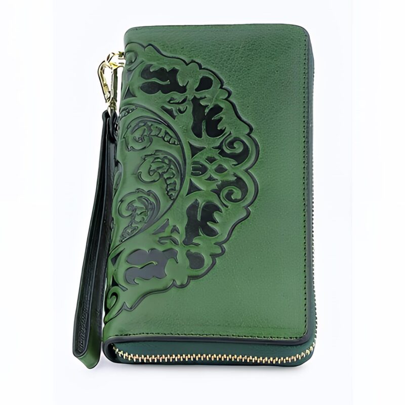 Portefeuille Asia en cuir véritable gaufré - Élégance florale et praticité nomade - Vert