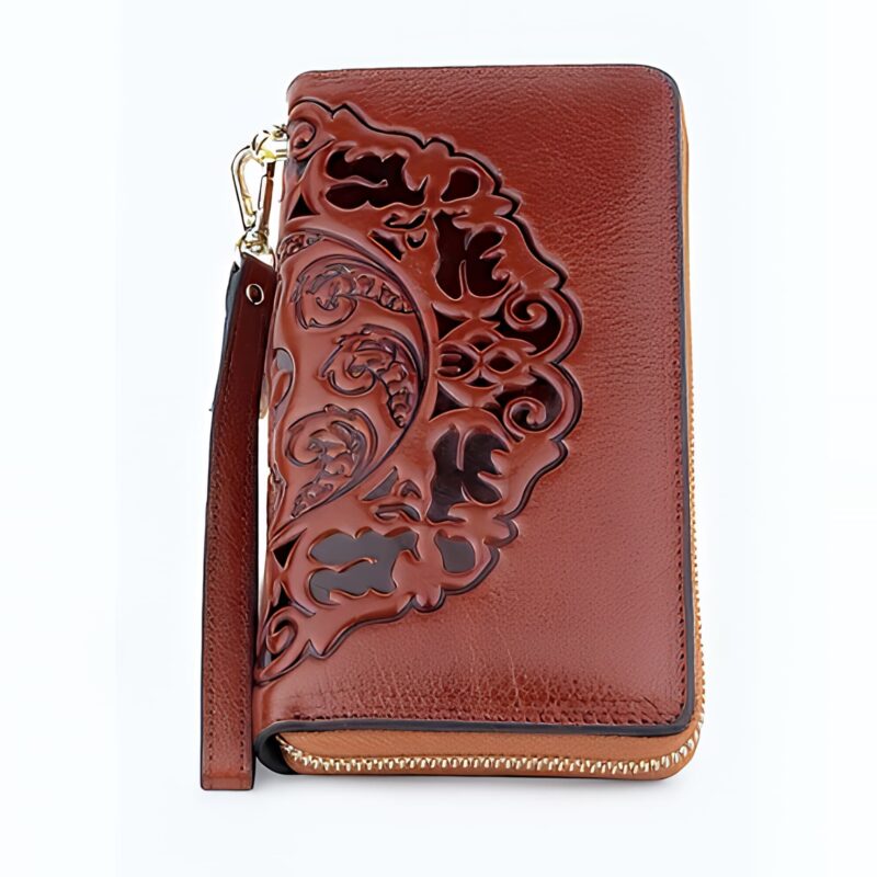 Portefeuille Asia en cuir véritable gaufré - Élégance florale et praticité nomade - Brun