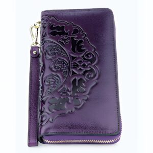 Portefeuille Asia en cuir véritable gaufré - Élégance florale et praticité nomade