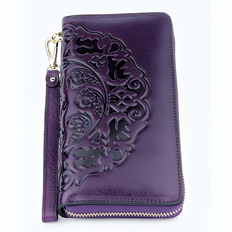 Portefeuille Asia en cuir véritable gaufré - Élégance florale et praticité nomade