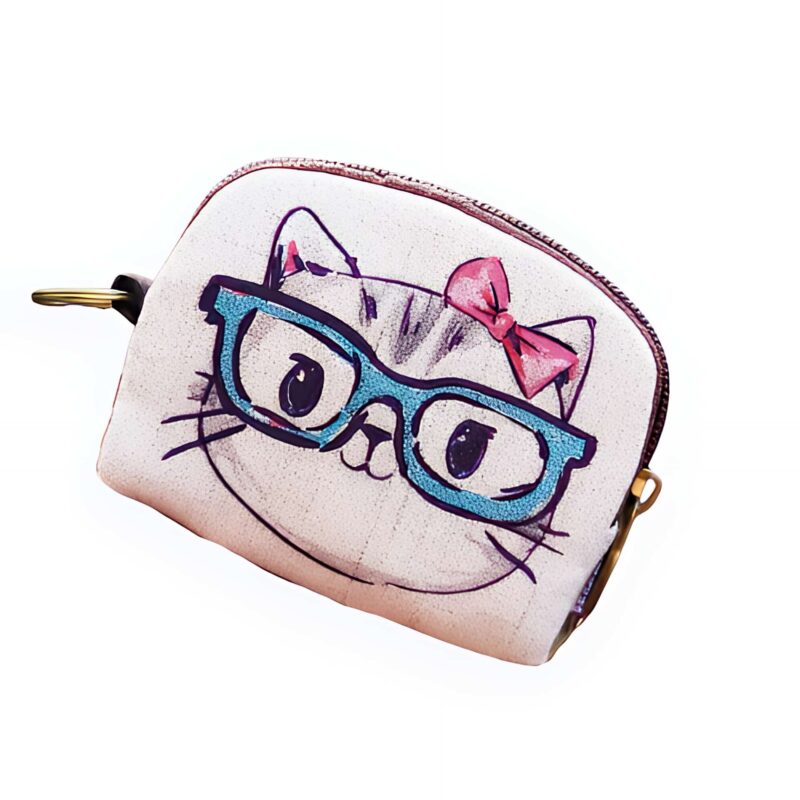 Porte-monnaie compact motif dessin - Zip métal et anneau porte-clés intégré - Blanc