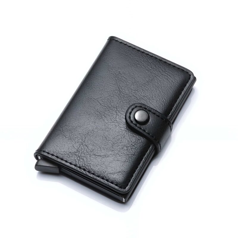 Porte-cartes sécurisé en métal et cuir avec technologie RFID et bouton d'expulsion - Noir