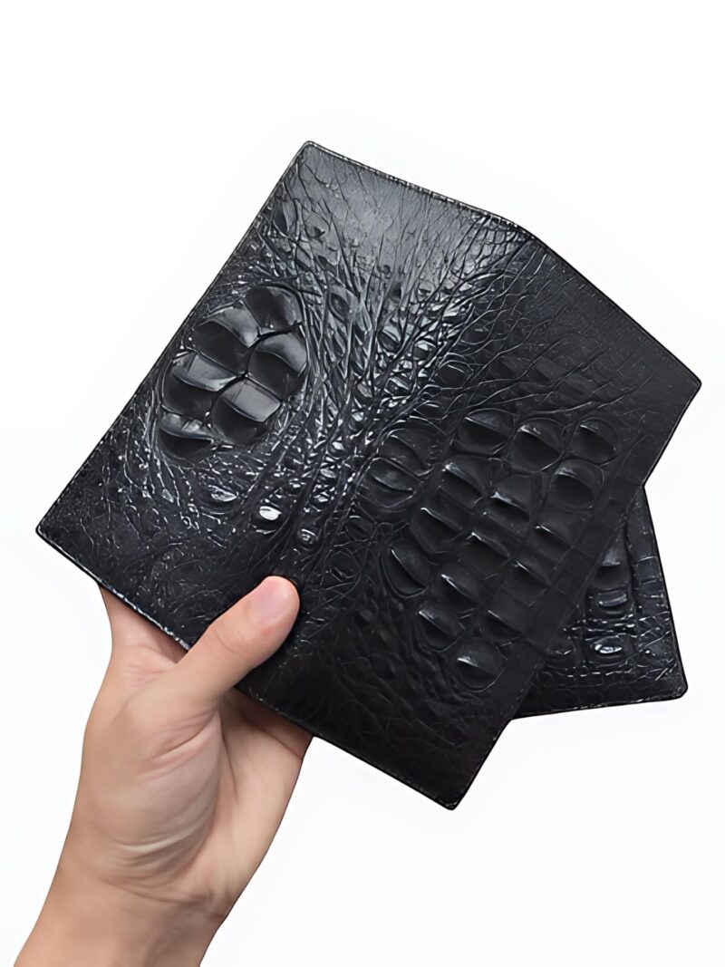 Porte-cartes allongé en cuir de crocodile véritable - Écrin artisanal pour homme raffiné - Noir