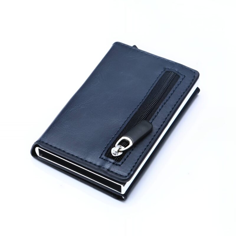Porte-cartes compact en simili cuir avec poche zippée et protection RFID - Élégance fonctionnelle - Bleu