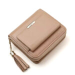 Portefeuille femme en cuir grainé avec pendentif - Écrin élégant pour cartes et monnaie - Marron