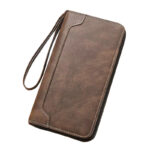 Portefeuille long vintage en cuir PU - Élégance masculine zippée pour cartes et billets - café